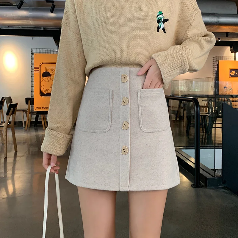 

Korean-style Vintage Woolen Skirt CHIC Versatile Students High-waisted A- line Skirt