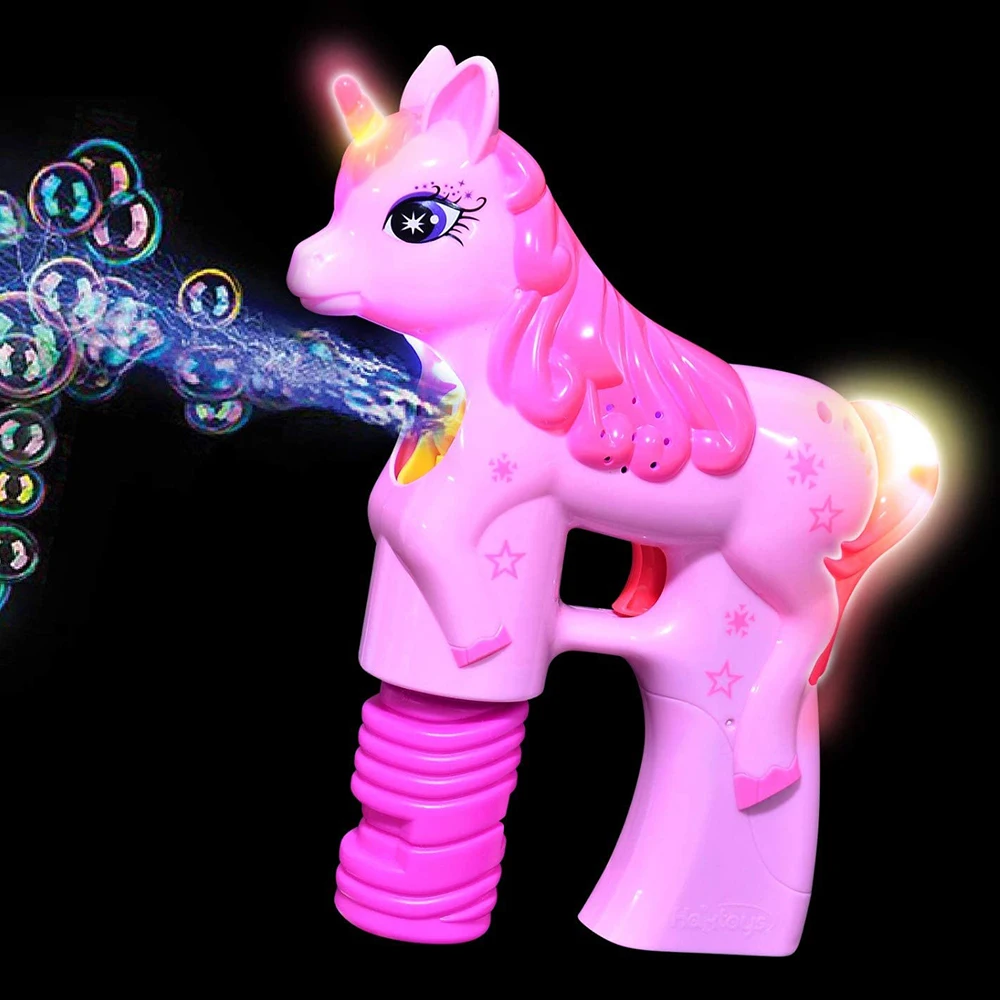 

Unicorn Bubble Shooter Gun Battery Operated Bubble Blower Machine Toys LED Flashing Lights Noise-Free Design Cartoon Water Gun