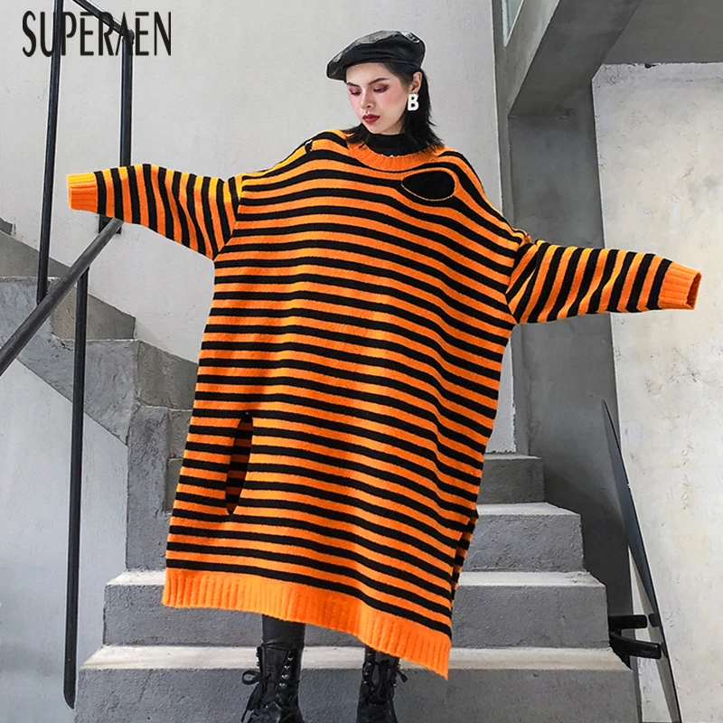 SuperAen Long Pullovers Sweater Female New Autumn and Winter Style Loose Pluz Size Striped Hole Ladies Sweater