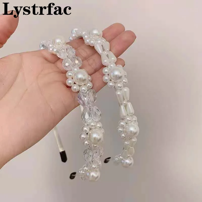 Модная лента для волос Lystrfac с цветами и кристаллами жемчугом женщин милые белые