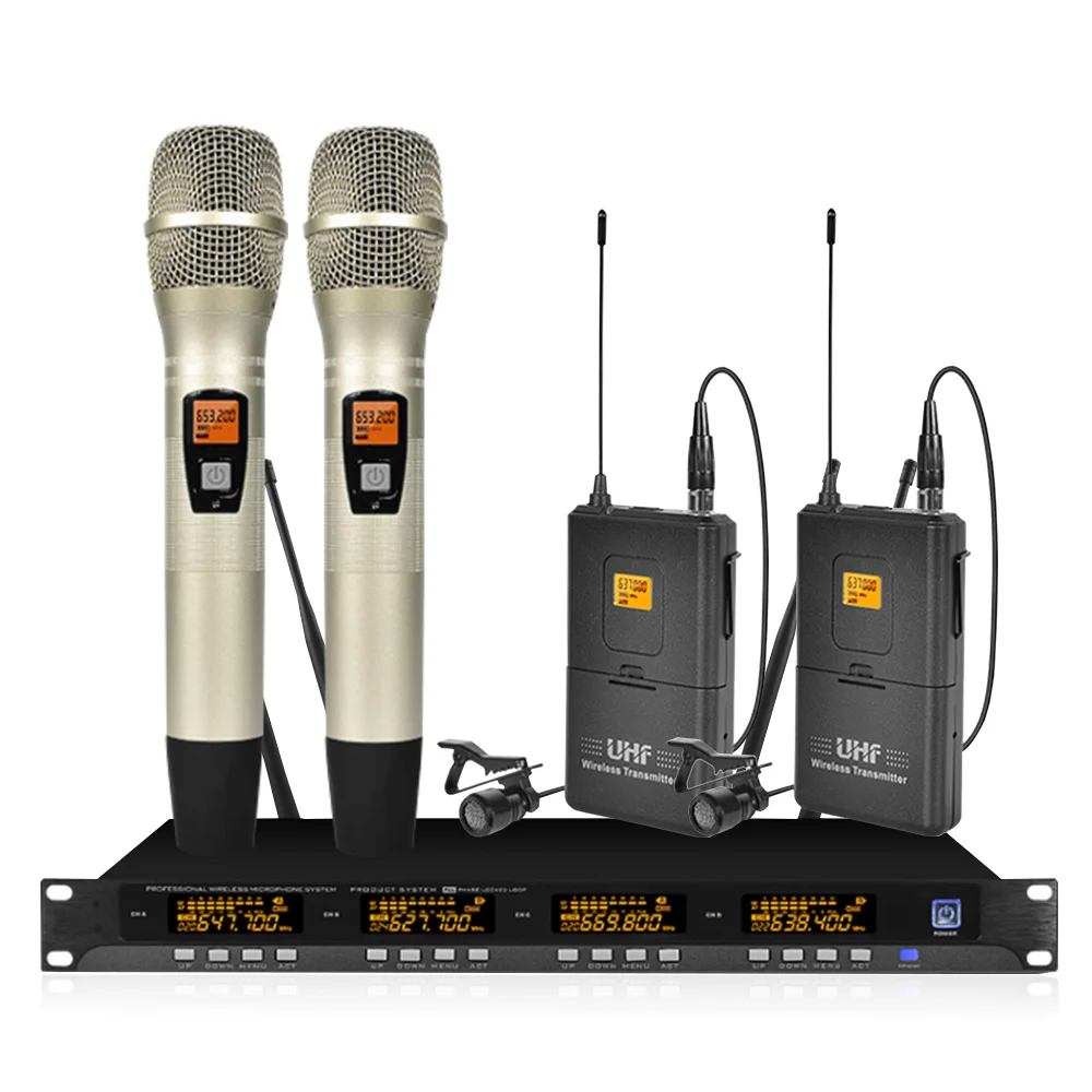 

Professional wireless microphone system four-channel microphone wireless two-handed two-collar clip microphone stage performance