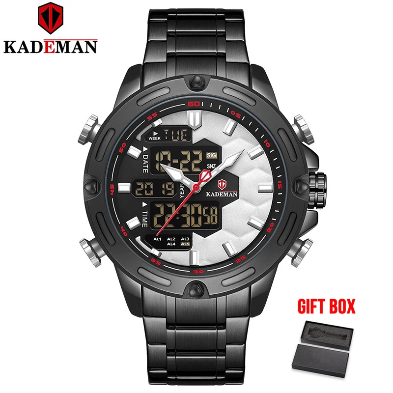 full black KADEMAN,, Топ бренд, Роскошные мужские часы, светодиодный, двойной ход, мужские, t, спортивные, цифровые, водонепроницаемые часы, кварцевые наручные часы, Relogio Masculino - Color: full black