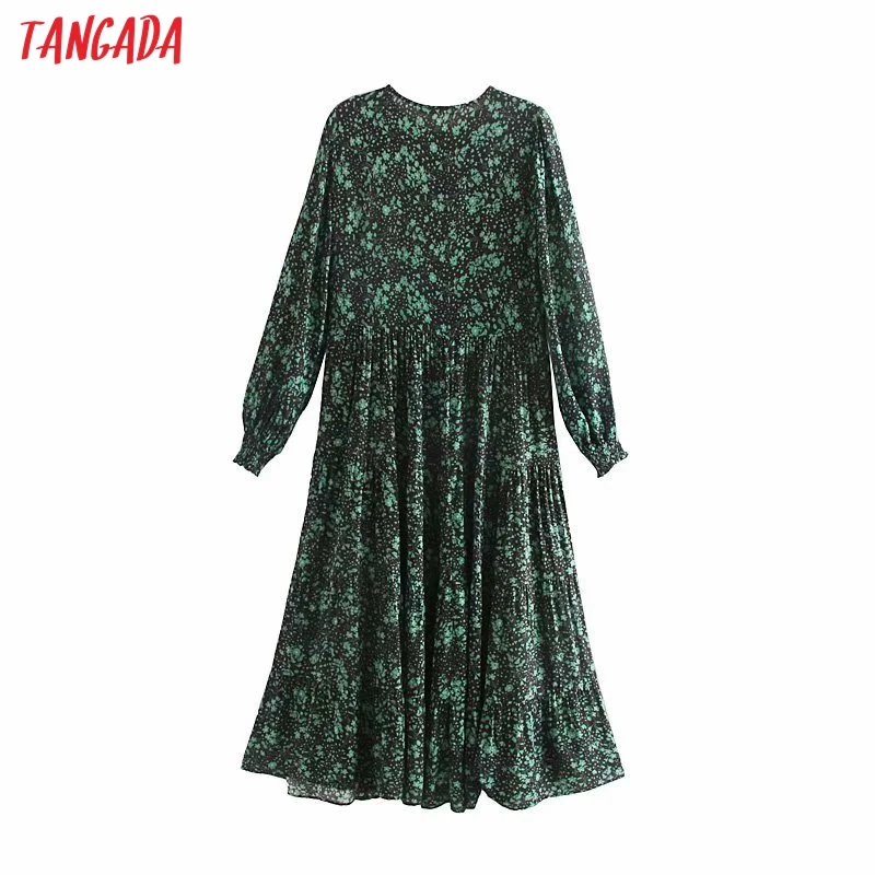 Tangada осенние женские винтажные цветочные платья с длинным рукавом и круглым вырезом модное плиссированное платье до середины икры vestidos feminina 5Z47
