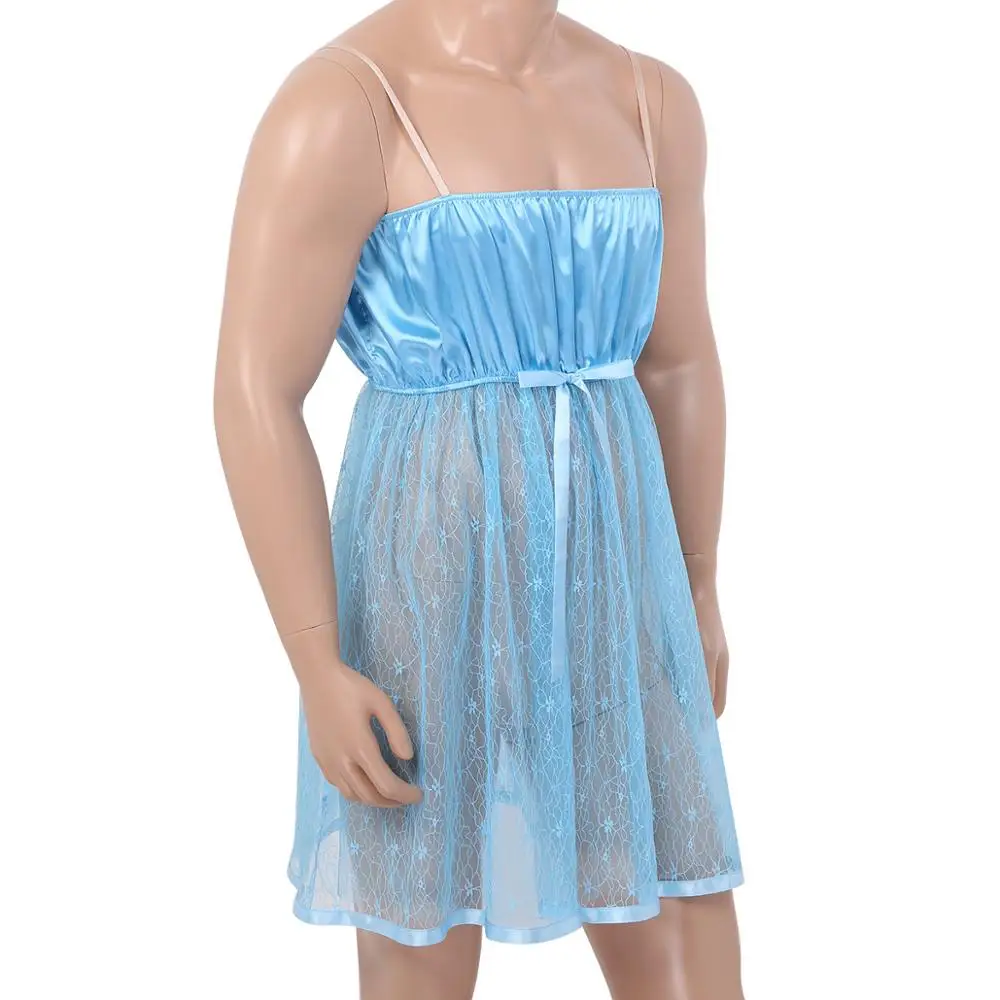 Iiniim Мужское нижнее белье SISSY платье Babydoll Гладкий атласный лиф прозрачное кружевное платье Ночное гей мужские вечерние платья