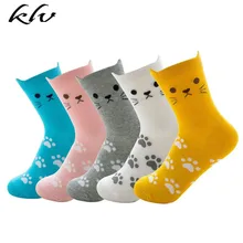 5 пар, женские хлопковые носки с рисунком кота Мяу, 3D уши, принт лапы, чулочно-носочные изделия, подарок