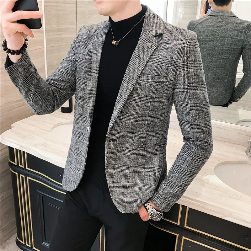 Деловой костюм Veste Homme Vestidos De Novia серые клетчатые блейзеры мужской костюм Slim Fit Мужская офисная куртка в клетку осень