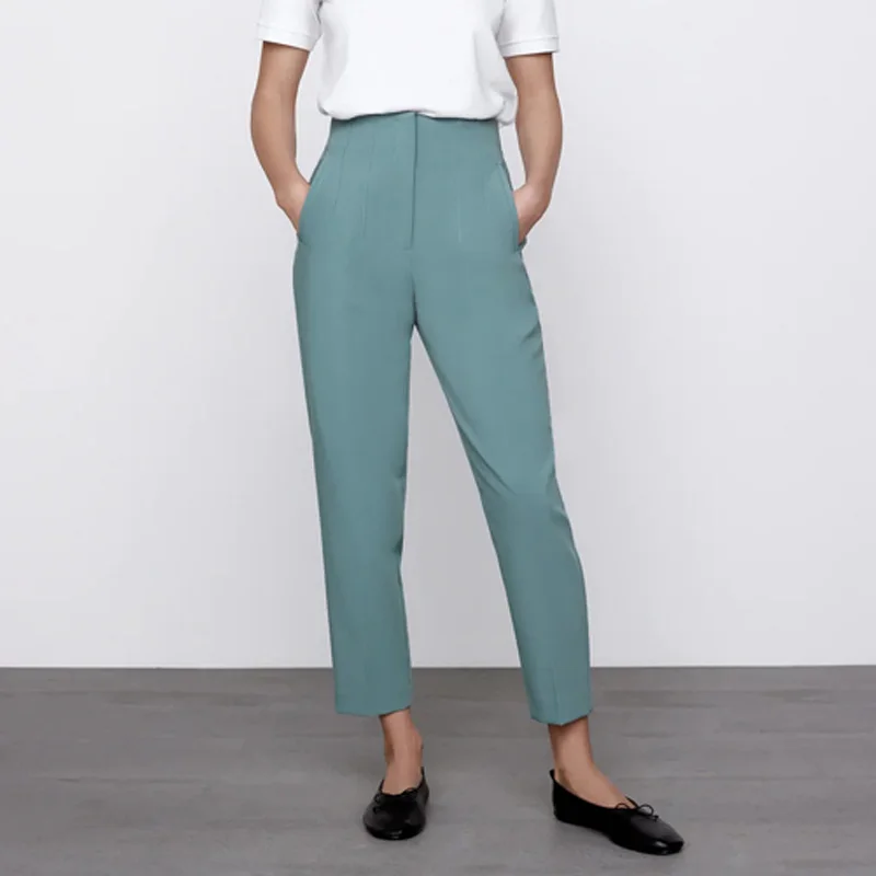 ZA-Pantalones informales lisos hasta el tobillo para mujer, capris rectos elegantes de cintura alta a la moda de calle, ropa de verano, 2021