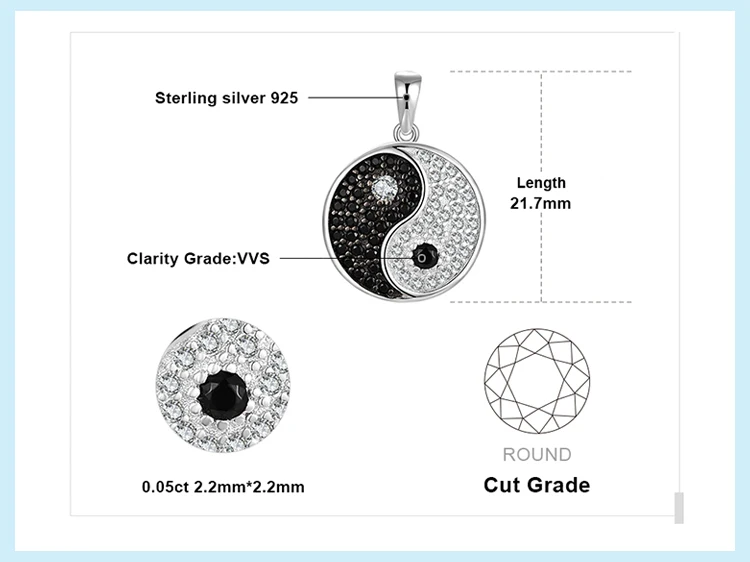 JewelryPalace Tai Chi Yin Yang 925 Sterling Silver Pendant Necklace Women Natural Black Spinel Round Gemstone Pendant No Chain