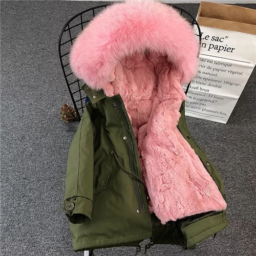 Коллекция года, зимняя парка с мехом для мальчиков и девочек детские куртки с воротником из натурального меха Верхняя одежда на молнии для детей ясельного возраста одежда с натуральным мехом - Цвет: Green shell-pink