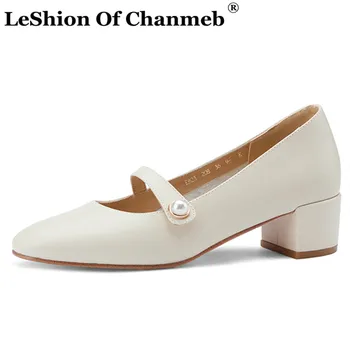 

Chic Pearls Shoes Women Block Heels Mary Janes Black Nude Beige Heels Genuine Cow Leather Shoes Woman Ladies Office Pump Size 33