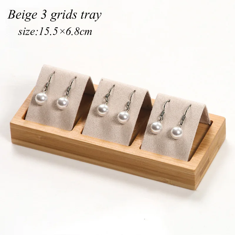 Beige 3 grids tray Luxury Bamboo Wood Earrings Display Tray 4 Sizes To Choose For Woman Earrings Display Stand Jewelry Display Tray - Color: Beige 3 grids tray