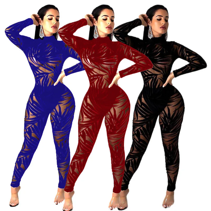 Echoine Women Sheer Mesh Sexy Black Lace Jumpsuit Bamboo Leaf Bodycon Bodysuit Outfit Overalls Playsuit Night Club Party Catsuit