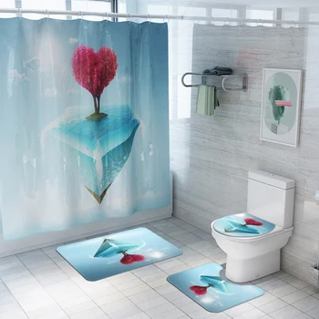 

Bathroom Shower Curtain Set Waterproof Bath Curtain Toilet Cover Mat Non-Slip Bathroom Rug