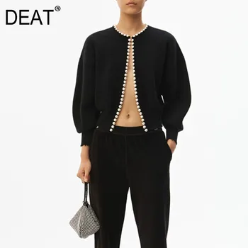 

DEAT 2020 New Spring Round Neck Lantern Sleeves Pearl Spliced Knitting Cardigan Female Short Waist Jacket AQ92701