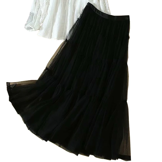 Black Skirt Женский костюм, одежда для женщин, комплект из 2 предметов, юбка, рубашка, черные/белые кружевные блузы, женская модная рубашка+ фатиновая юбка, юбка макси в сеточку - Цвет: Black Skirt