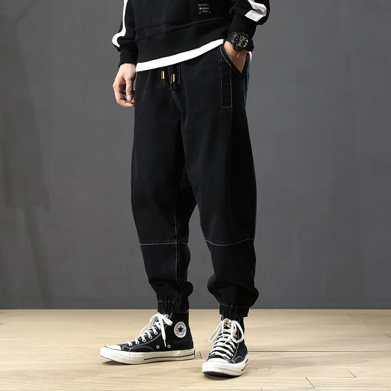 Японские модные мужские джинсы, свободные, сшитые брюки-карго, хип-хоп джоггеры, уличная одежда с эластичной талией, винтажные дизайнерские джинсы-шаровары - Цвет: Черный
