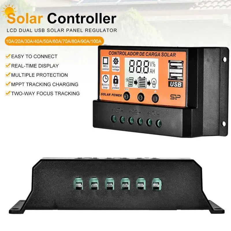 Solar Charge Controller Solar Panel Controller With LCD Dual USB Port 12V/24V MPPT/PWM Auto Paremeter Adjustable Automation Kits