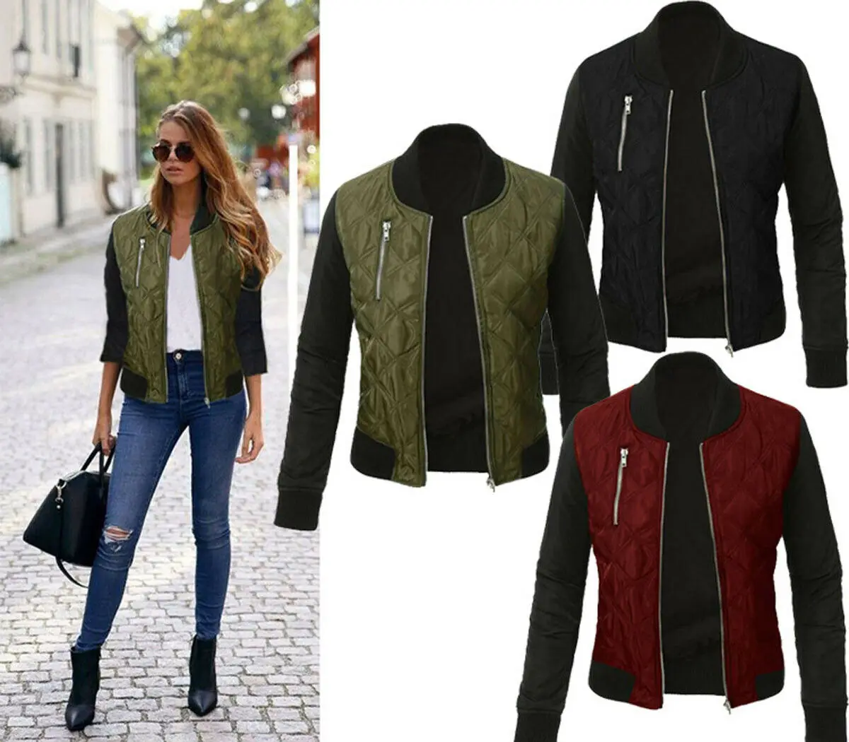 Casual Autumn Winter Women Long Sleeve Argyle Patchwork Jacket Ladies Zip Up Biker Quilted Coat Tops Plus Size Outerwear | Женская