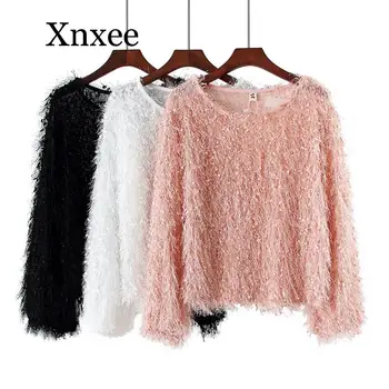 

Long-sleeved 2020 autumn new Korean version of the round neck short paragraph Lantern sleeve fur tops