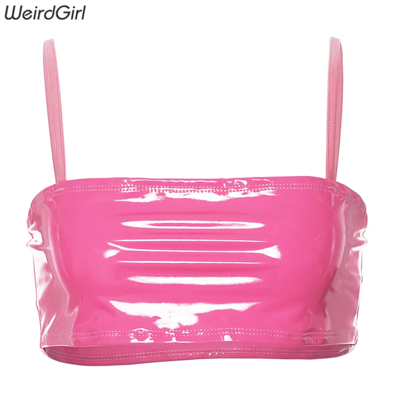 Weirdgirl New Summer Pu leather Camisole Sexy pink Strap short Tops Slim Sleeveless Women Camis party night club beach top - Цвет: Розовый