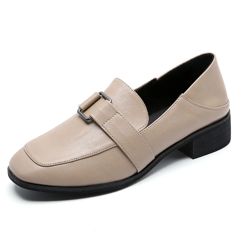 

2019 Autumn Female Pu Leather Shoes Women Slip On Pumps Square Toe Mid Heel Buckle Ladies Shoes
