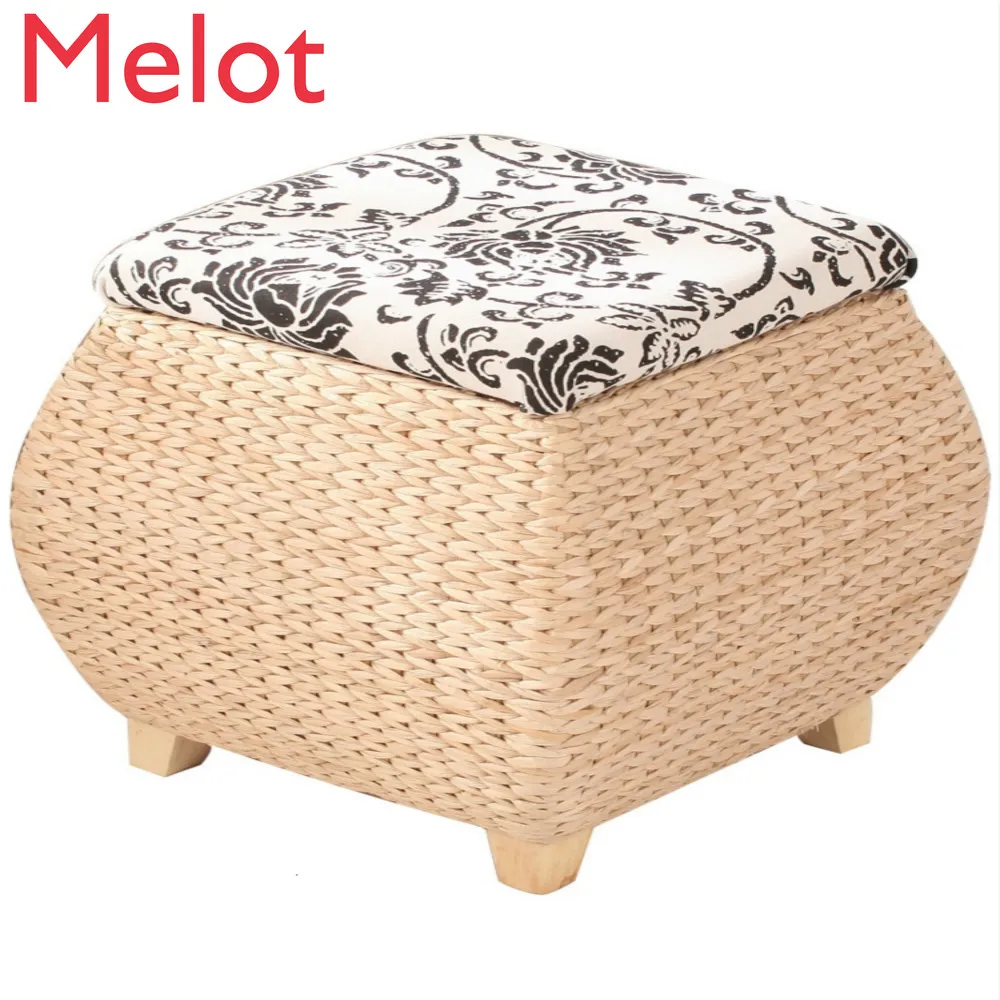 

Straw Weaving Solid Wood Admission Stool A Living Room Simplicity Storage Stool Barrel Admission Impurity Belt Cover Admission