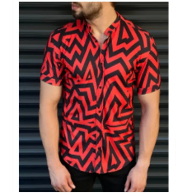 Fashion Nation Style Summer Man's Shirt 3D Printing Stand Collar Single-Breasted Short Sleeve Loose Hawaiian Henley Casual Shirt Short Red Black
