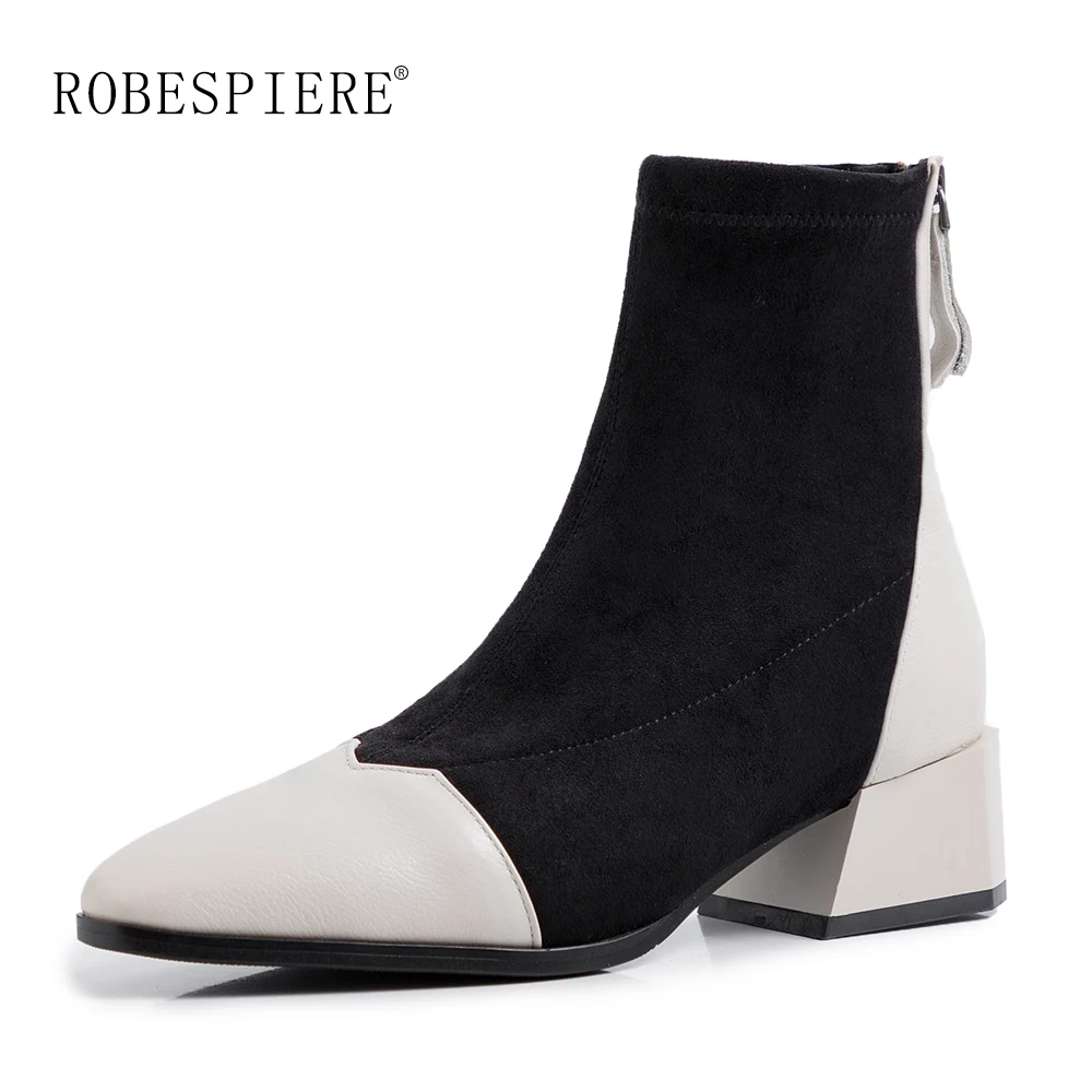 

ROBESPIERE New Arrival Ankle Boots Genuine Leather Mixed Colors Footwear Women's Square High Heels Warm Plush Winter Boots B130