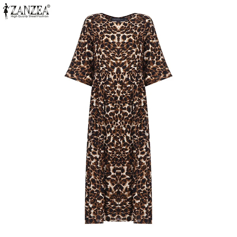 ZANZEA винтажное платье женское повседневное женское Vestidos сексуальное леопардовое платье с круглым вырезом 3/4 рукав длинные макси платья Сарафан большого размера