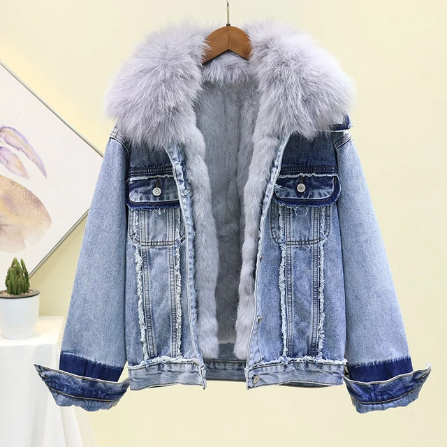 Chaqueta vaquera corta suelta de Invierno para mujer con cuello de piel zorro Natural desmontable con forro de pelo de conejo grueso _ - AliExpress Mobile