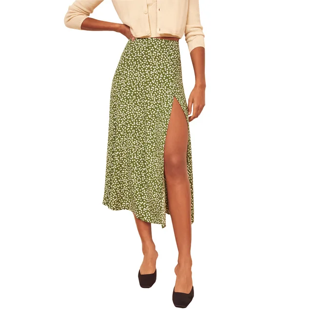 Women Skirt Wraps Fashion Casual Split Beach Long Ladies Leopard Flower Skirts Printed  High Waist Female Side Open Summer Skirt green wave point