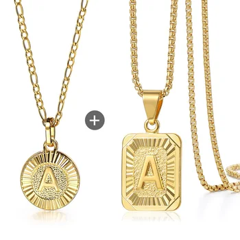

2pcs/set Initial Letter Pendant Necklace Stainless Steel Figaro Box Chain Gold Tone Name Unique Jewelry for Women Gift 18inch