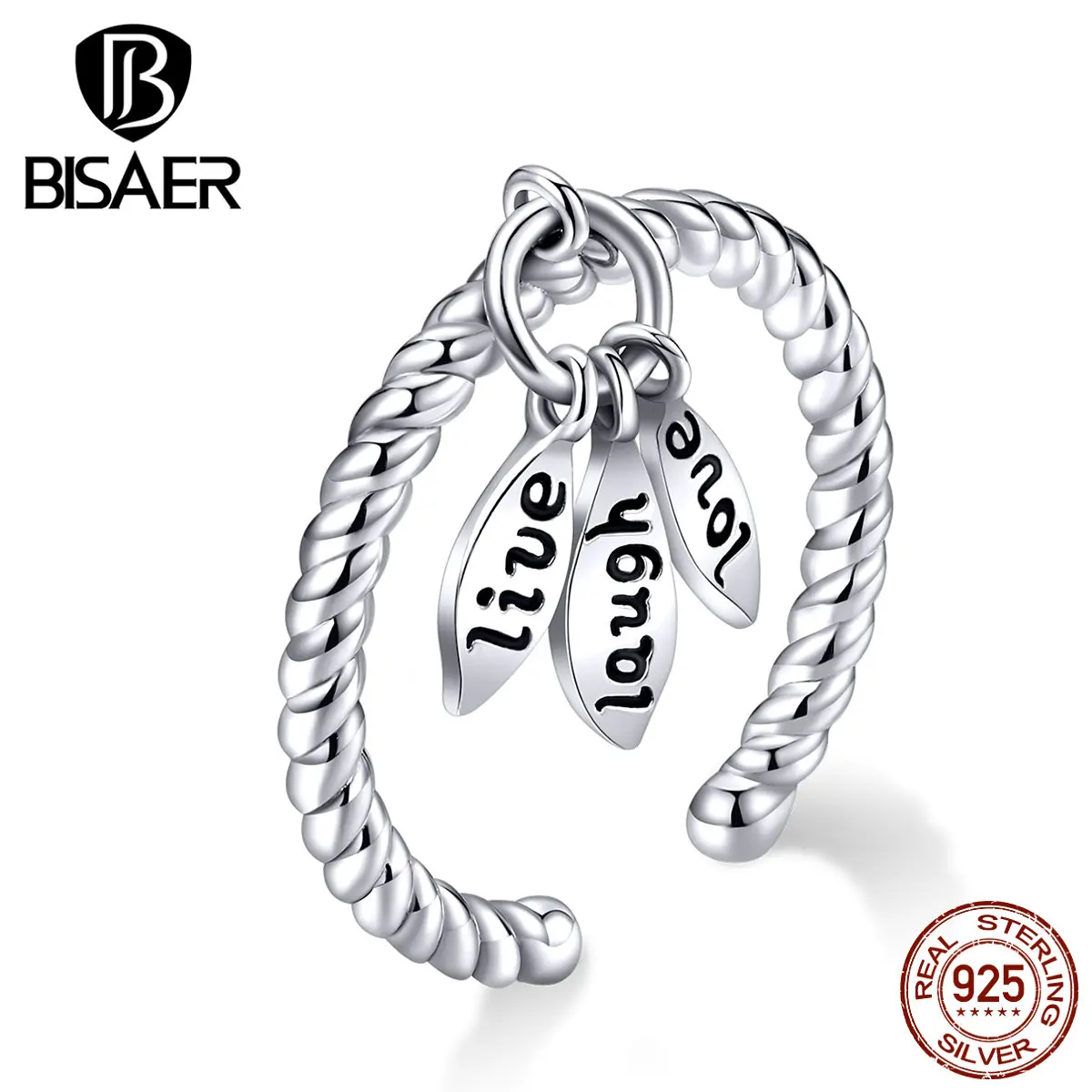 

BISAER 925 sterling silver love life live pendant women rings for women open size adjustable fashion anel jewelry ECR570
