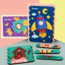 

3D Strip Puzzles Baby Toy Colorful Wooden Montessori Materials Educational Toys Geometric Shape Jigsaw Large Bricks for Children