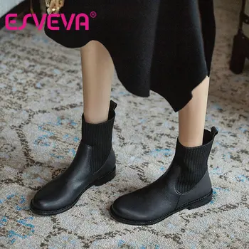 

ESVEVA 2021 Slip on Round Toe Square Med Heel Cow Leather All Match Ankle Boots Knitting Casual Basic Shoes Boots Size 34-39
