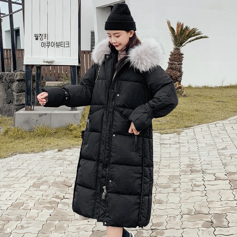 Корейский стиль, женская зимняя куртка, свободная, длинная, с капюшоном, с меховым воротником, Женское пальто, женская парка, Chaqueta Mujer Invierno