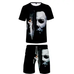 2019 мужские шорты, комплект для Хэллоуина, с принтом призрака, Повседневная футболка в стиле хип-хоп с круглым вырезом + комплект из 2