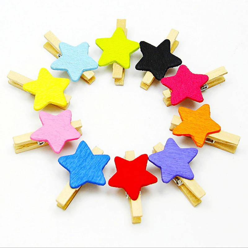 

50pcs Mini Flower Star Shape Wooden Clips for Photo Paper Clip Peg Pin Clothespin Postcard Clips Wood Pentagram Storage Clips D