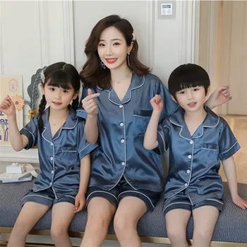 

Kids Summer 2020 Boys Soild Pajamas Set Leisure Silk Parent-Child Outfits Short-Sleeved Family Matching Clothes Satin Nightwear