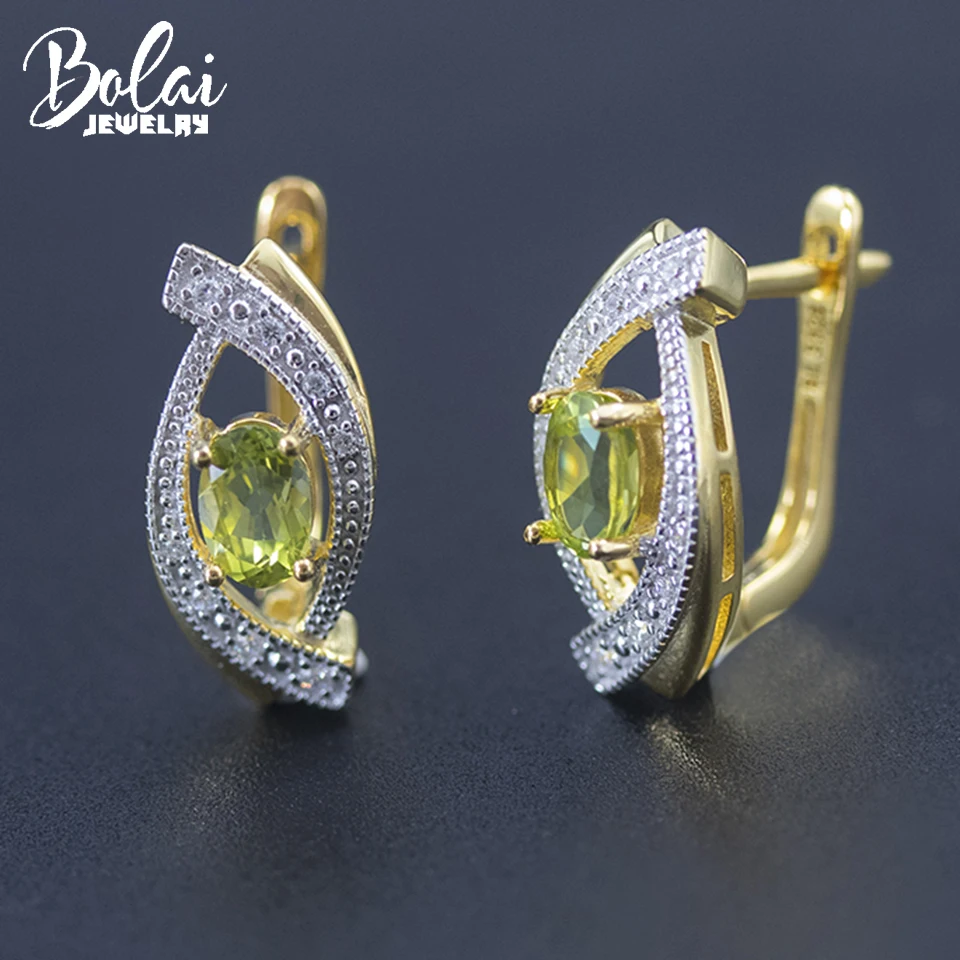 Bolai Natural Peridot 6*4mm Clasp Stud Earrings Solid 925 Sterling Silver Yellow Gold Gemstone Fine Jewelry for Women Ladies