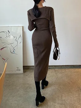 Elegant sexy two-piece knitted long sleeve bodycon ankle-length dress korean basic sheath dress