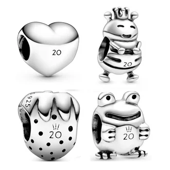 

2020 New 925 Sterling Silver Beads Celebrate 20th Anniversary Strawberry Hearts Frog Bee Charms Fit Pan Bracelet DIY Jewelry