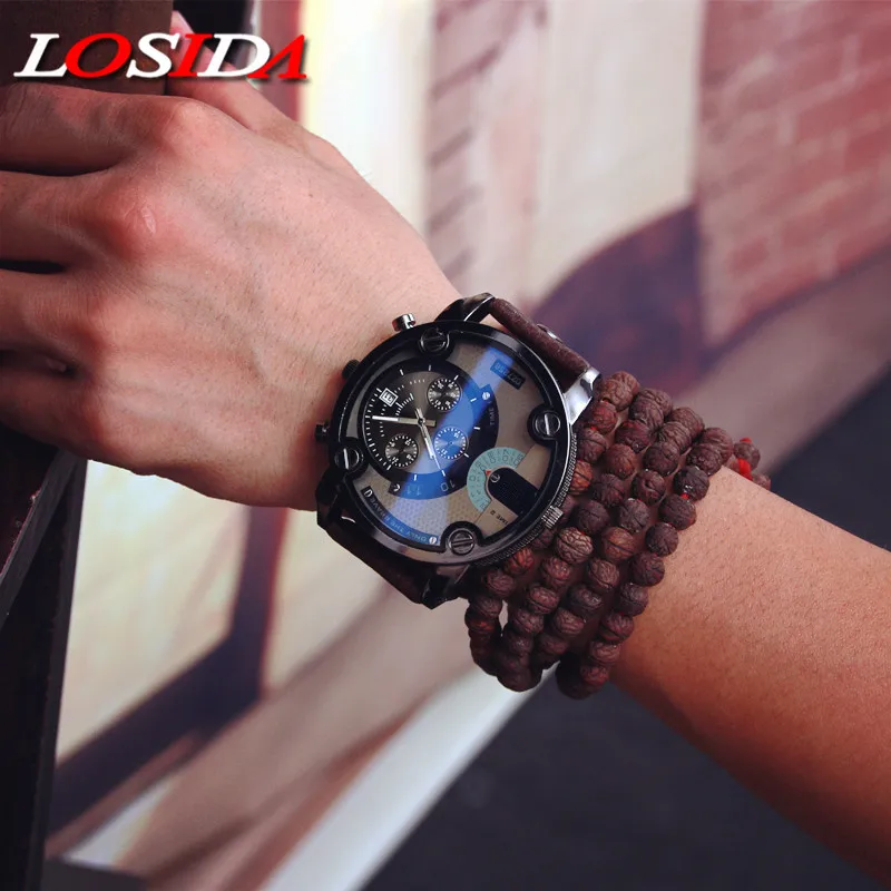 Коричневый Losida, синие, стеклянные, большой циферблат, черная кожа, кварцевые мужские часы, модные и повседневные часы, спортивные, уличные, военные, армейские наручные часы, relojio - Цвет: Коричневый