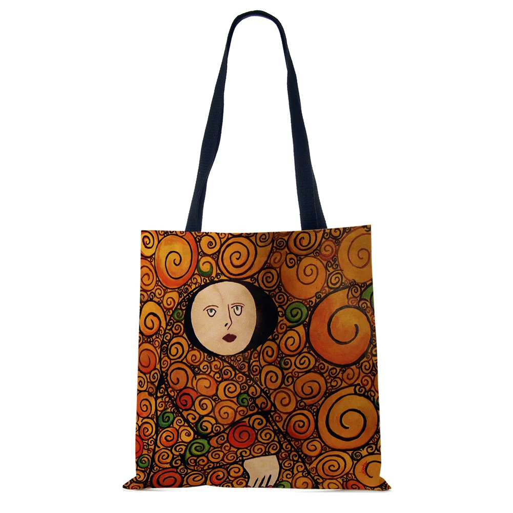 Customized Oil Painting Tears Linen Cloth Tote Bags For Women Gustav Klimt Ladise Fashion Handbag Large Capacity Shopping Totes