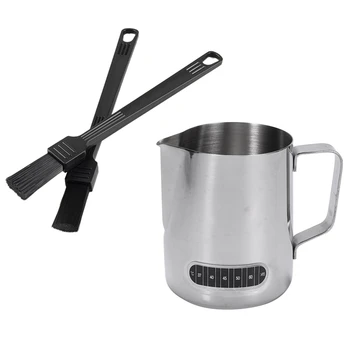

1x Stainless Steel Pitcher with Thermometer Milk Frothing Jug 600Ml & 2 Pack Coffee Machine Cleaning Brush