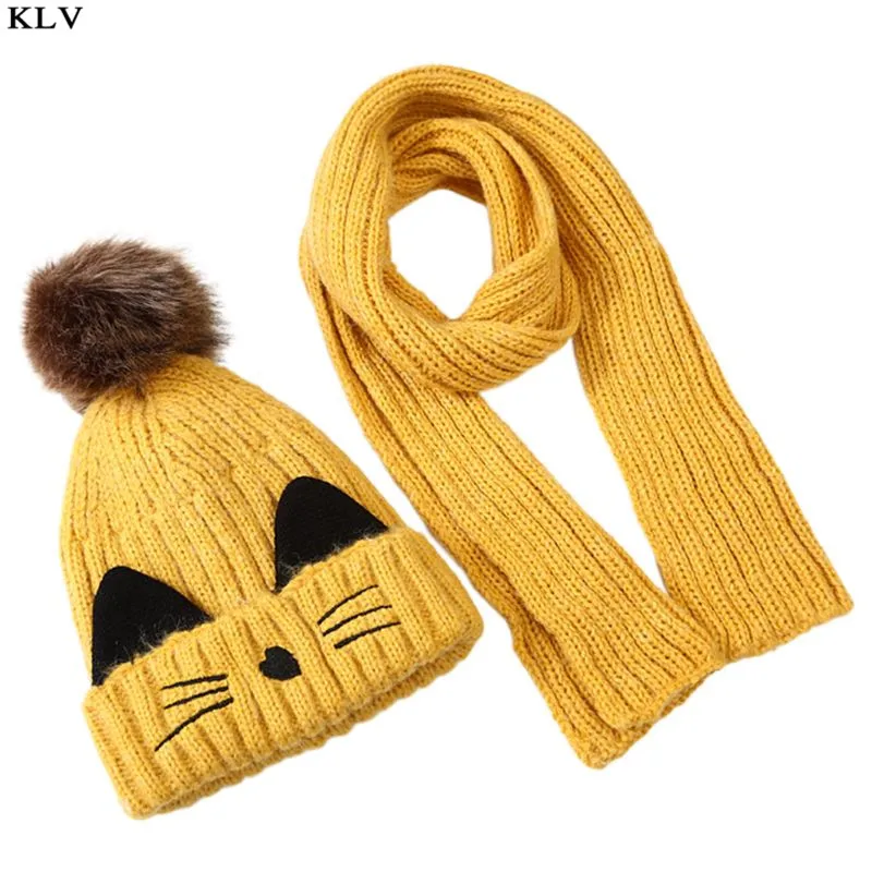 Yellow Детский шарф, вязаная шапка(комплект) с рисунком котенка, пушистый помпон, детская шапка, шаль AXYD - Цвет: Yellow
