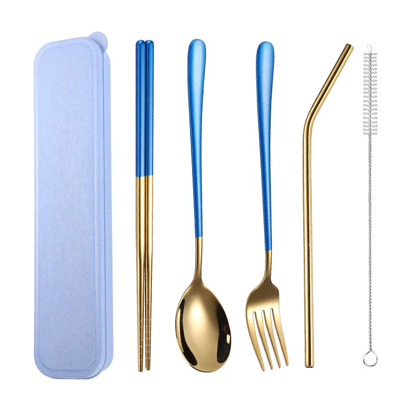 

5pcs tableware set stainless steel cutlery set fork spoon chopstick straw dinnerware set metal dinner set gift dinner service