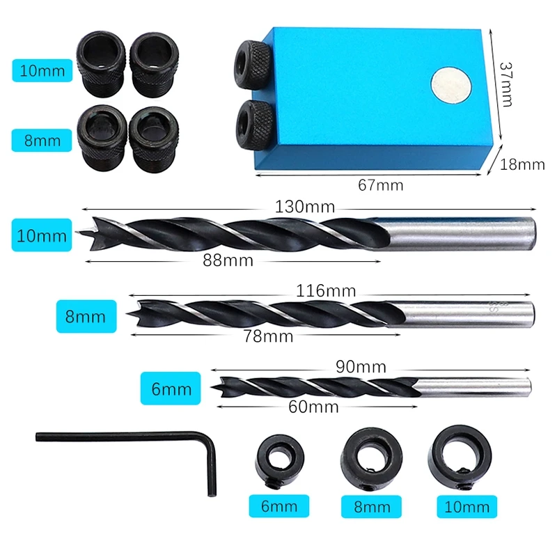 Pocket Hole Jig with Magnet Drill Guide Woodworking Hole Drill 6 8 10Mm with Box Tool for Carpentry