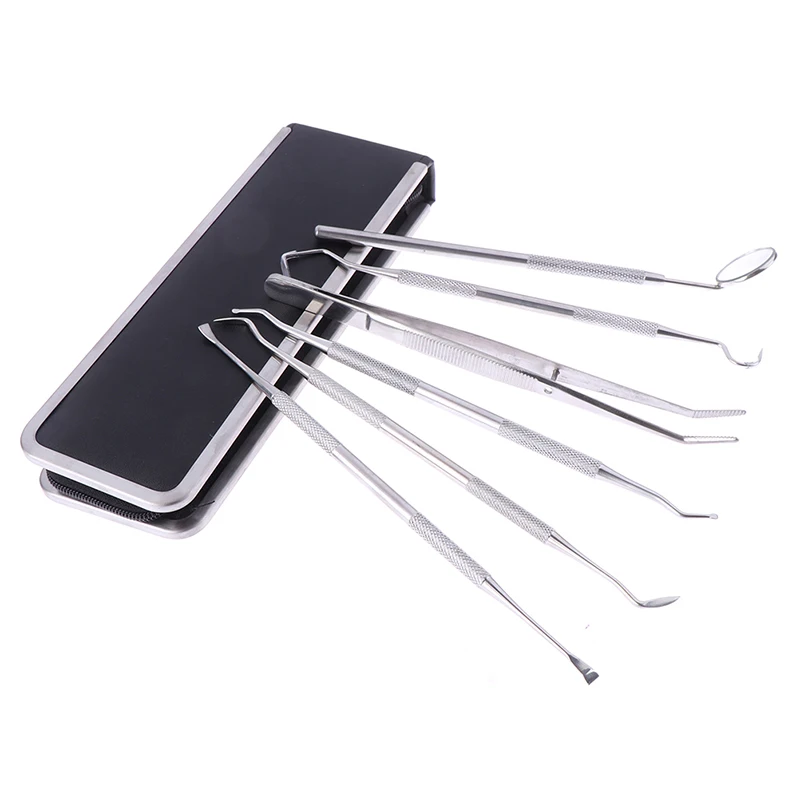 6pcs/set Stainless Steel Tooth Pick Probe Dental Oral Hygiene Teeth Clean Hygiene Tools Kit With Case