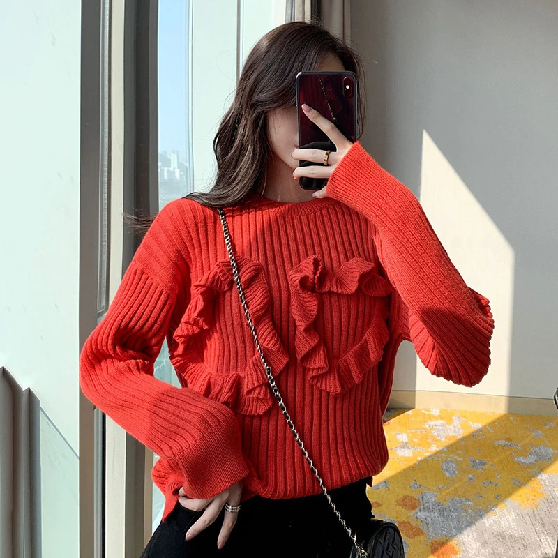 TWOTWINSTYLE Casual Red Striped Knitting Sweaters For Women O Neck Long Sleeve Autumn Pullovers Female Fashion Clothing New